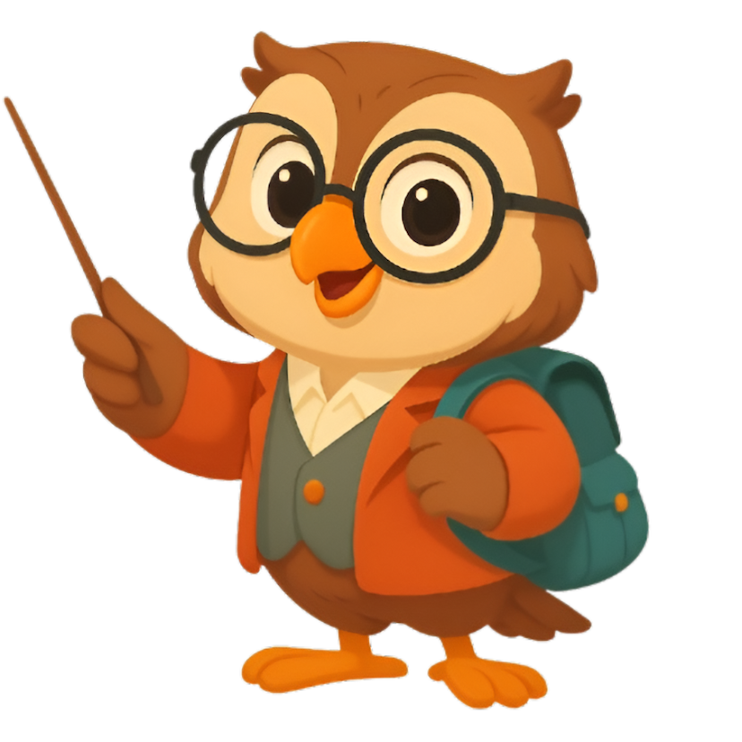 Friendly owl teacher with pointer stick and backpack